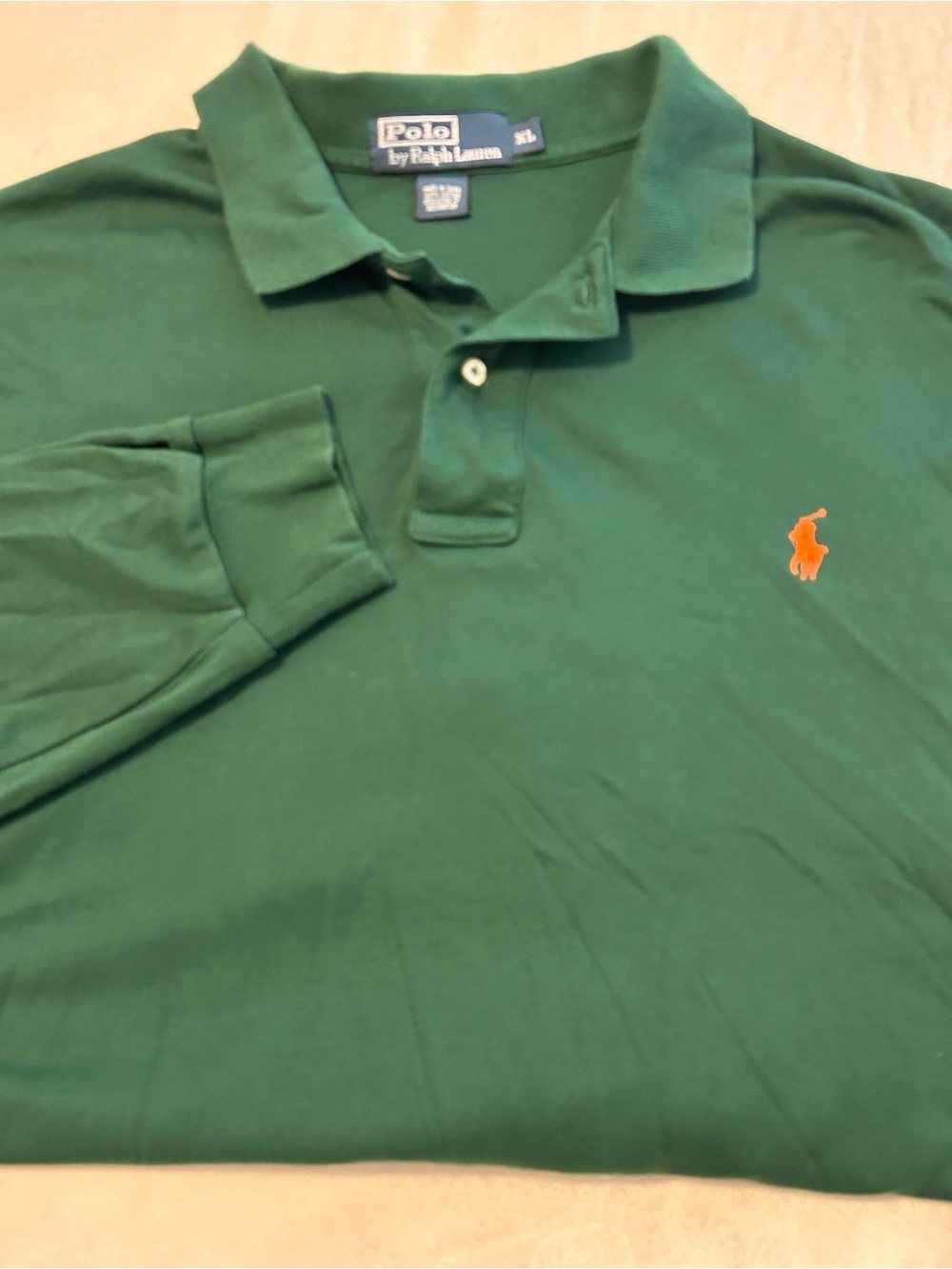Polo Ralph Lauren Shirt Men XL Green Long Sleeve Pique Polo Orange Pony Classic